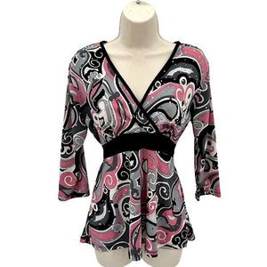 Dressbarn Damen rosa/schwarz 60er Swirl Pailletten Print Wickel vorne Strech Strick Top S - Bild 1 von 8