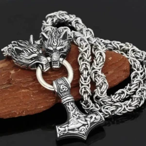 Massive Wikinger Halskette Mjölnir Anhänger mit Wolfskopf Kette Wikinger Schmuck - Bild 1 von 4