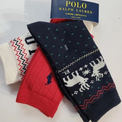Polo Ralph Lauren Big Boys 3-Pairs Crew Socks Size 8-9.5 S navy gray black - Image 1 of 4