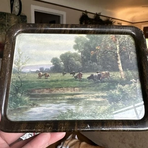 Miniature Antique Pastoral Print Cows Creek 7.5 Tin Frame Glass Farm Cottage - Imagen 1 de 7