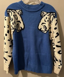 Angashion Womens XL Blue Snow Leopard Print Crew Neck Pullover Sweater - Picture 1 of 8