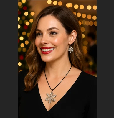 J. Jill Snowflake Necklace Earrings Silver Tone Shimmering Pave Accent Holiday - Image 1 of 4