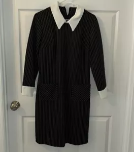 Vintage Dress Black Striped White Collar Size L  Wednesday Goth Punk 80s - Picture 1 of 2