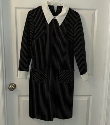 Vestido Vintage Negro Rayas Cuello Blanco Talla L Wednesday Adams Gótico Punk Años 80 Foto 1 de 2