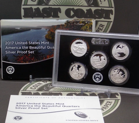 2017 "S" AMERICA the BEAUTIFUL Quarters SILVER ATB Proof (5 Coin) Set Box & COA Cover