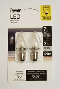 1W Clear White LED E-12 Base Night Light Bulbs 2-Pack Feit Electric New BPC7CJW - Picture 1 of 3