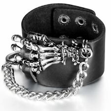 Punk Rock Men Halloween Skull Claw Link Chain Black Leather Bracelet Cuff Gothic
