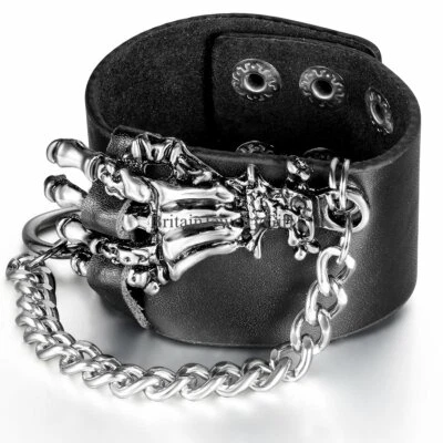 Punk Rock Hombres Halloween Calavera Garra Eslabón Cadena Cuero Negro Pulsera Puño Gótico Foto 1 de 4