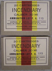 ARSENAL FRANKFORD CAL. .30 M1 INCENDIARIO SEGUNDA GUERRA MUNDIAL NUEVA RÉPLICA 20 CAJAS MUNICIÓN REDONDAS - Imagen 1 de 9