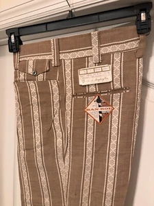 Vintage 1970s Striped Bell Bottoms Pants Size 32 Unhemmed NOS Flair HIPPIE Tan - Picture 1 of 10