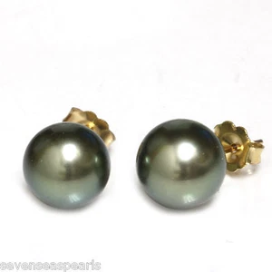 Orecchini a perno perle dei mari del sud di Tahiti 9,5 mm verde menta oro giallo 14 kt - Foto 1 di 2