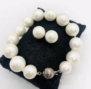 Pendientes pulsera gruesos de plata de ley y perlas de vidrio con cuentas joyería vintage - Imagen 1 de 5