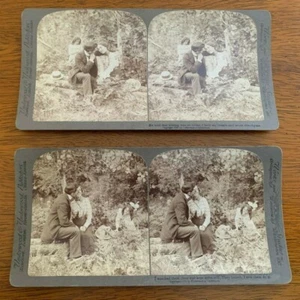 Pair 1900 Stereoview Card Photographs Girl Spying on Lovers Kissing - Underwood - Picture 1 of 7