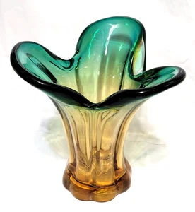 Murano Style Glass Fluted 7" Vase Blue, green & amber - smooth ground Pontil - Picture 1 of 6
