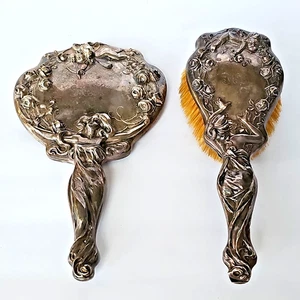 Cepillo de Pelo Espejo Art Nouveau Plata Esterlina Repousse 3D Dama Rosas Querubín De Colección - Imagen 1 de 20