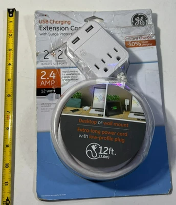Cabo de extensão GE General Electric carregamento USB 12 pés proteção contra sobretensão 2 tomadas - Imagem 1 de 4