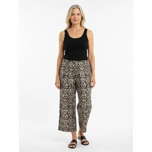 Alfred Dunner Petite 12P Black Beige Patterned Cotton Blend Wide Leg Pants - Picture 1 of 5