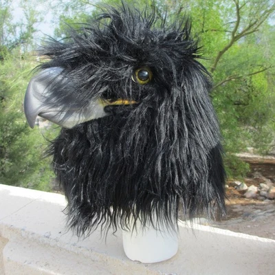 adult Black RAVEN eagle rubber COSTUME hat MASK full face bird hawk crow vulture - Image 1 of 4