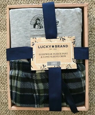 Lucky Brand Mens 2 Piece Sleep Set Gray Long Sleeve Top Navy Fleece Pant Medium - Image 1 of 2
