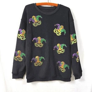 Sequin Mardi Gras Graphic Pullover Sz M Charcoal Ribbed Crewneck Sweatshirt - Picture 1 of 10