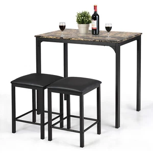 3 PCS Counter Height Table Set 2 Chairs Dining Room Faux Marble Brown - Picture 1 of 6