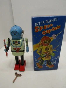 OLD METAL TIN INTER PLANET SPACE CAPTAN MS402 ROBOT WORKS SPACE TOY ORIGINAL BOX - Picture 1 of 5