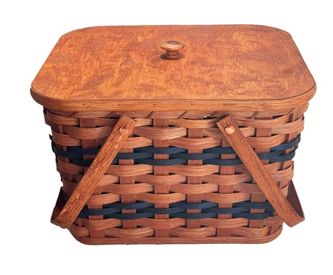 Amish Picnic Basket Small Size With Solid Oak Lid and Swinging Handles Cover
