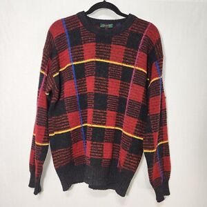 Vintage COLOURS SHETLAND Wool Fisherman Plaid Black/Red Knit Sweater Size Medium