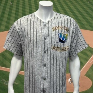 Vintage 90s Tampa Bay Devil Rays Gray Pinstripe Adult Jersey Made in USA Size XL - Picture 1 of 12