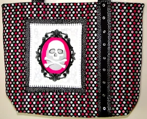 NEW Hip Pink & Black Cameo Skull Steampunk Polka Dot Large Tote Bag Purse - Picture 1 of 5