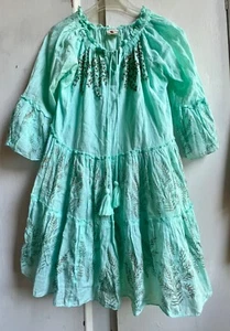 ✫Gorgeous Turquoise Floral Beaded Tiered Tassel Circular Indian Cotton Top L✩ - Picture 1 of 11