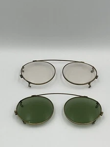 2 Vintage Sunglasses Clip On Green/clear Pink? Glass Gold Tone Etched Unsigned - Picture 1 of 24