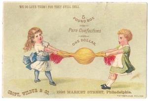 Tarjeta comercial victoriana Croft Wilbur Candy años 1880 niña niño Philadelphia confección - Imagen 1 de 2