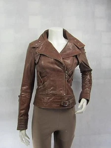 Damen hellbraun Glasur Leder Reißverschluss schmal eng anliegend kurze Biker Jacke Fahrrad - Bild 1 von 9