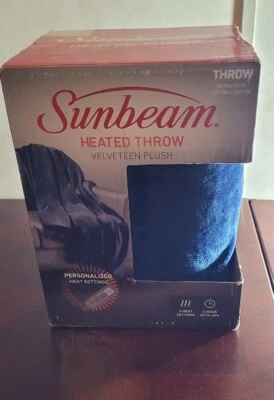 Sunbeam Velveteen Plush Heated Throw Blanket Dark Blue 50"x60" - Image 1 of 4