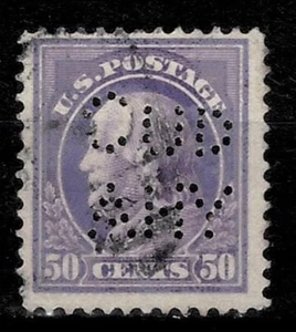 USA 1912 ☀ 50¢ Washington Stamp #421 Perfin Used CV $27.50 ☀ Perf 12/12 - Picture 1 of 2