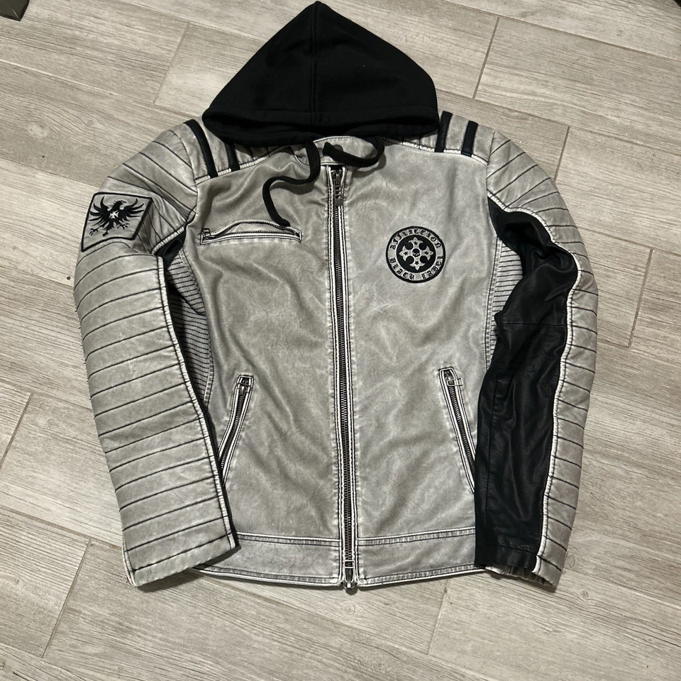 Chaqueta de cuero de motociclista gris bordada etiqueta negra AFFLICTION ¡Rara! Foto 1 de 4