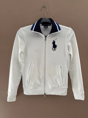 Big Pony Ralph Lauren White Zip Up Sweatshirt Navy Collar Women XS back graphic  - Image 1 of 4