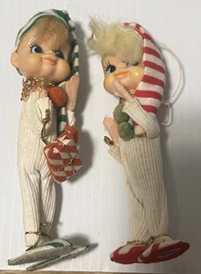 Vintage Japan Weihnachten 2 Pixie Elfe Wimpern Gummi Gesicht gestreift Geschenk Ornament - Bild 1 von 4