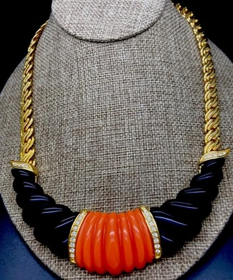Kenneth J Lane Kjl Coral Y Negro Ónix Look Resina Collar Pavé Cristales Nuevo Foto 1 de 4