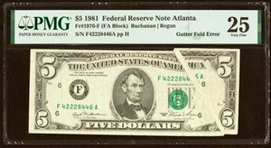 Gutter Fold Error Fr. 1976-F $5 1981 Federal Reserve Note. PMG Very Fine 25 - Picture 1 of 2