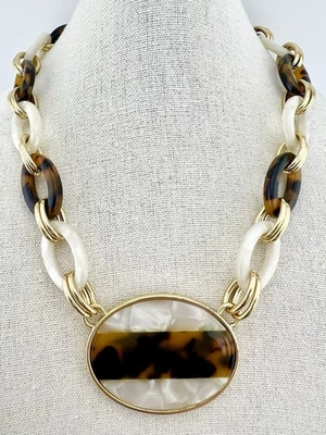 Talbots Chunky Faux Tortoise Necklace Gold Tone Signed 17-20” - Image 1 of 4