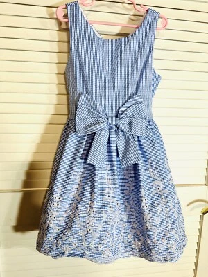 Rare Editions Girls Size 7 blue & white check eyelet dress bow EUC - Image 1 of 4