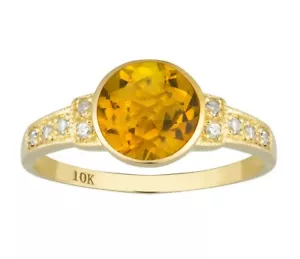 Ring 10 Karat Gelbgold Vintage Stil echter runder Citrin und Diamant - Bild 1 von 5