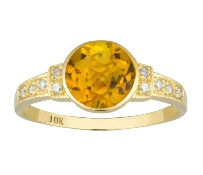 10k Oro Amarillo Estilo Vintage Original Redondo Citrino y Diamante Anillo - Imagen 1 de 4