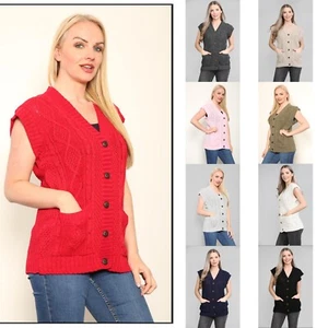 Womens Button up Sleeveless Cable Knit Cardigans V Neck Knitted Vest 2 Pockets - Picture 1 of 11