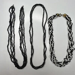 H1 Lot Black White Glass Crystals Resin Beaded Boho Hippie Retro Necklaces 15” - Picture 1 of 4