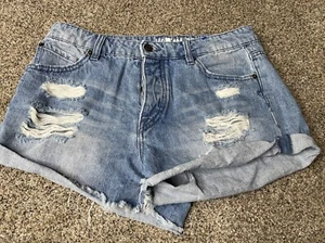 Volcom Jeans Shorts Juniors Size 9 Blue Denim Distressed Button Fly - Picture 1 of 5