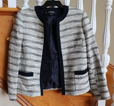 NEW NWT Stylish Kasper White and Grey Tweed Navy Trim Blazer Jacket Sz 10 Petite - Image 1 of 4