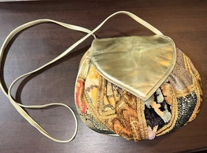 VTG 80s Italy Tapestry Patchwork Leather Shoulder Bag Purse Crossbody Free Ship - Picture 1 of 12